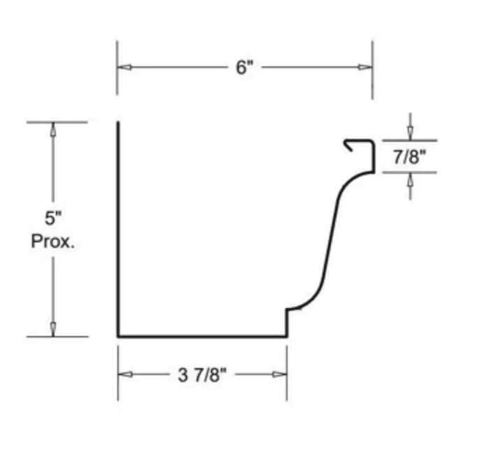 Side profile diagram showing the dimensions of 6 inch k style gutter
